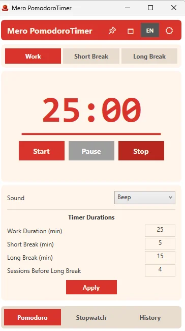 لقطة شاشة واجهة ميرو بومودورو تايمر (Mero PomodoroTimer)